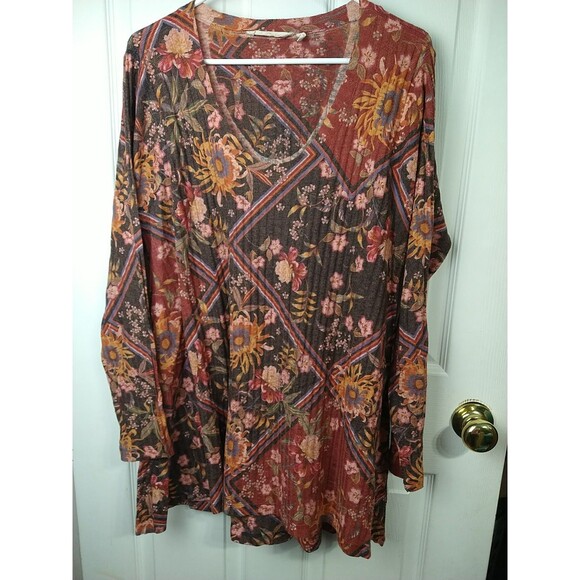 Soft Surroundings Woman L Knit Tunic Blouse Floral LS Patchwork Hippie Retro - Picture 6 of 8